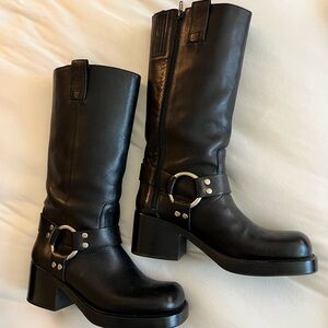 AEROSOLES Moto Black Leather Mid-Calf Ring Harness Boots